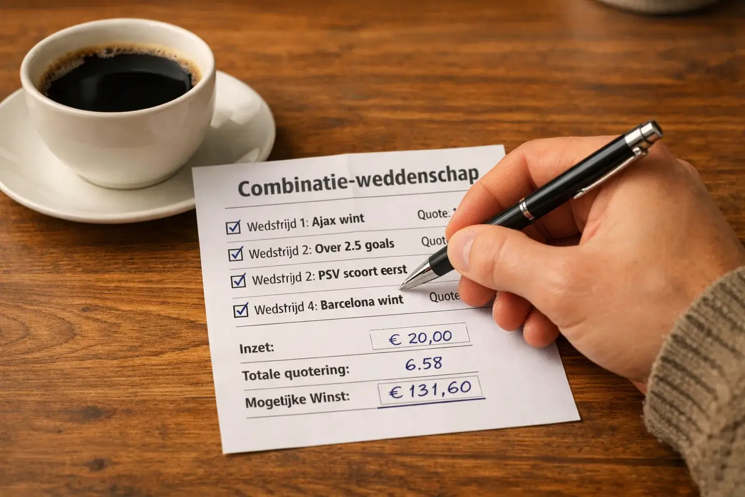 Hand schrijft meerdere wedstrijdkeuzes op wedformulier