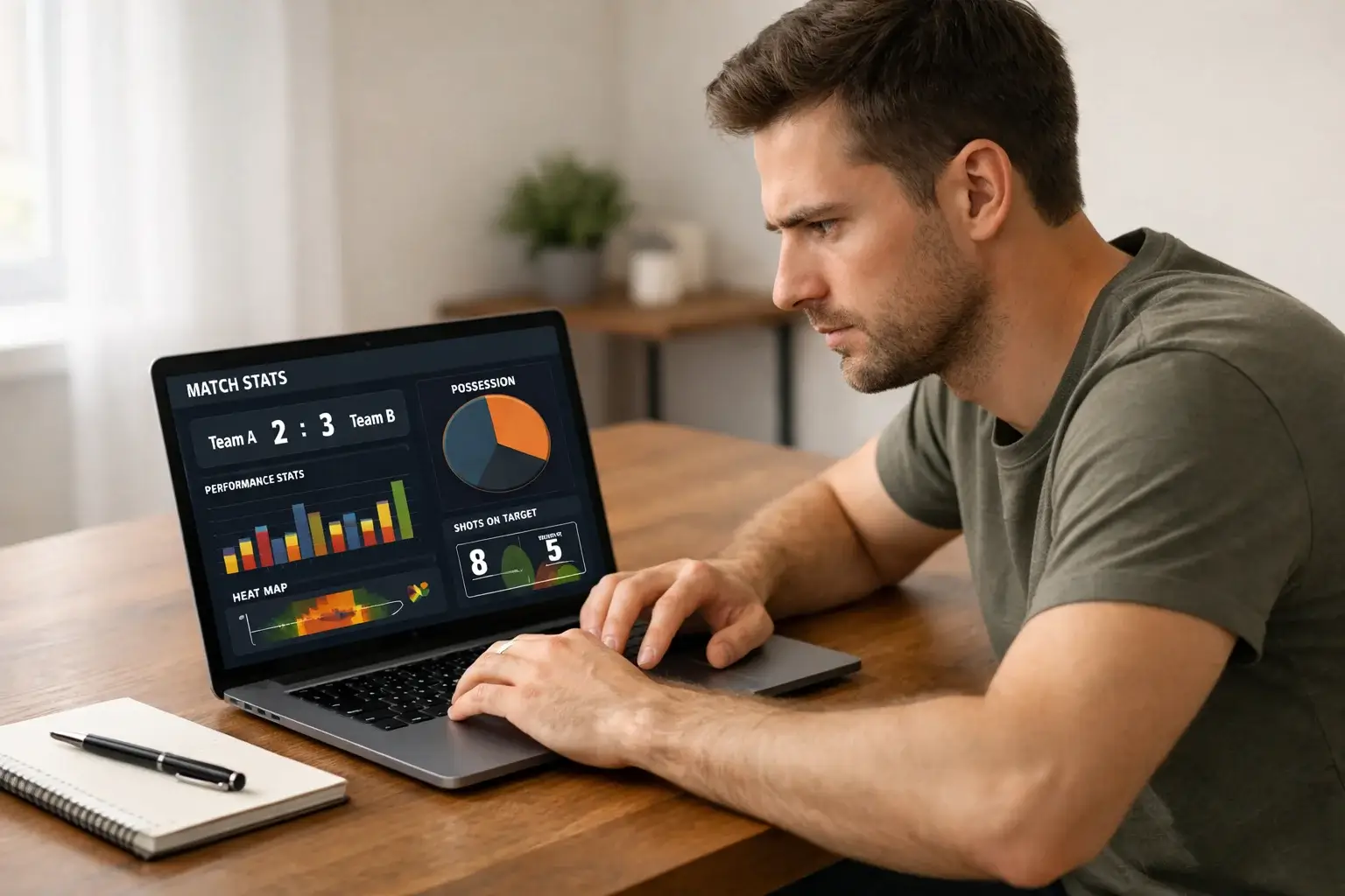 Man analyseert bookmaker gegevens op laptop met notitieblok