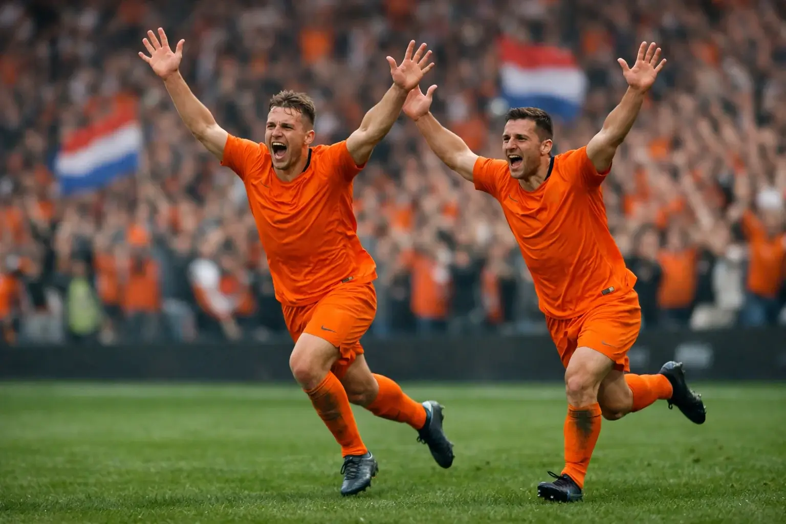 Voetballers vieren een doelpunt voor supporterstribune