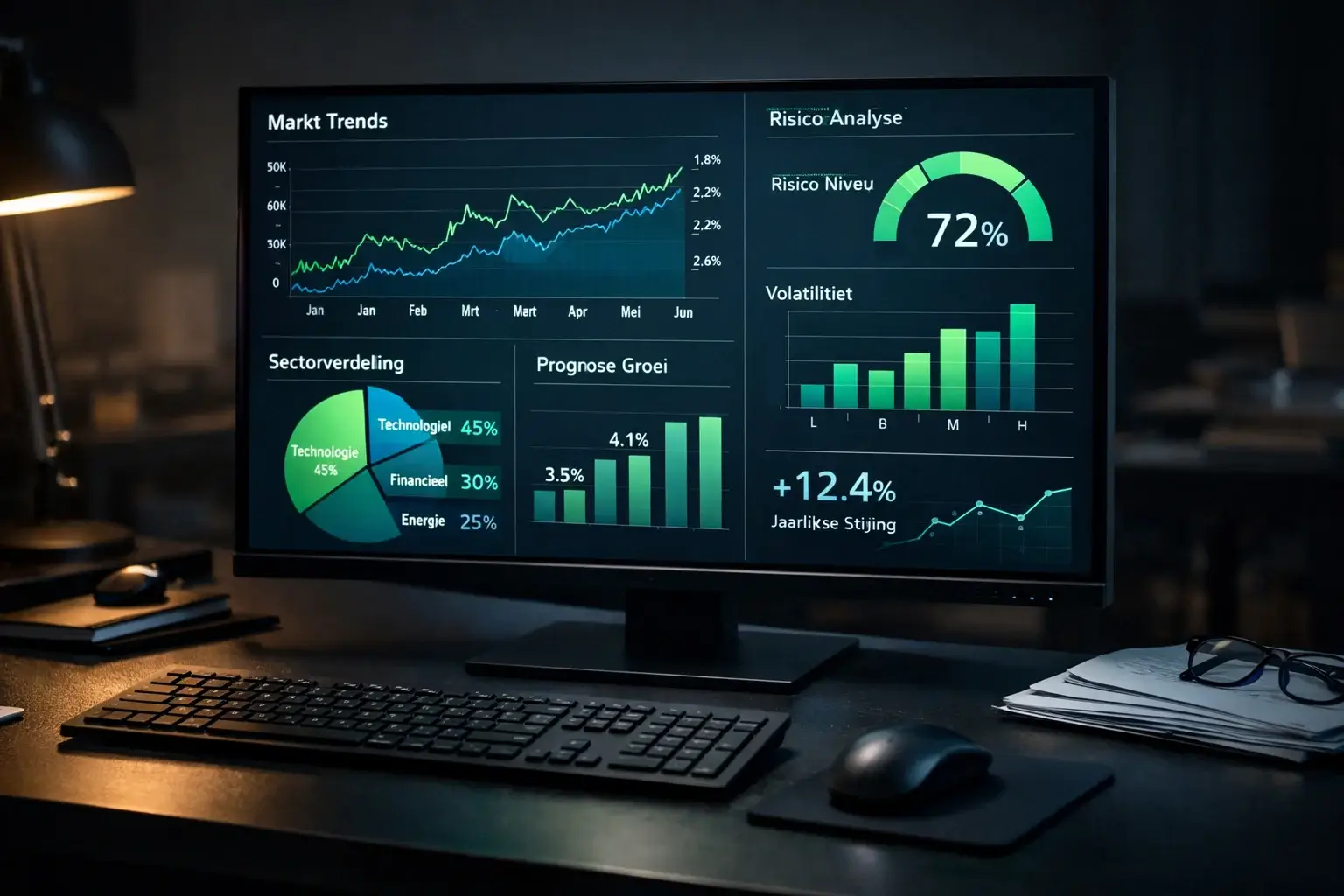 Meerdere schermen met complexe data analyse en grafieken