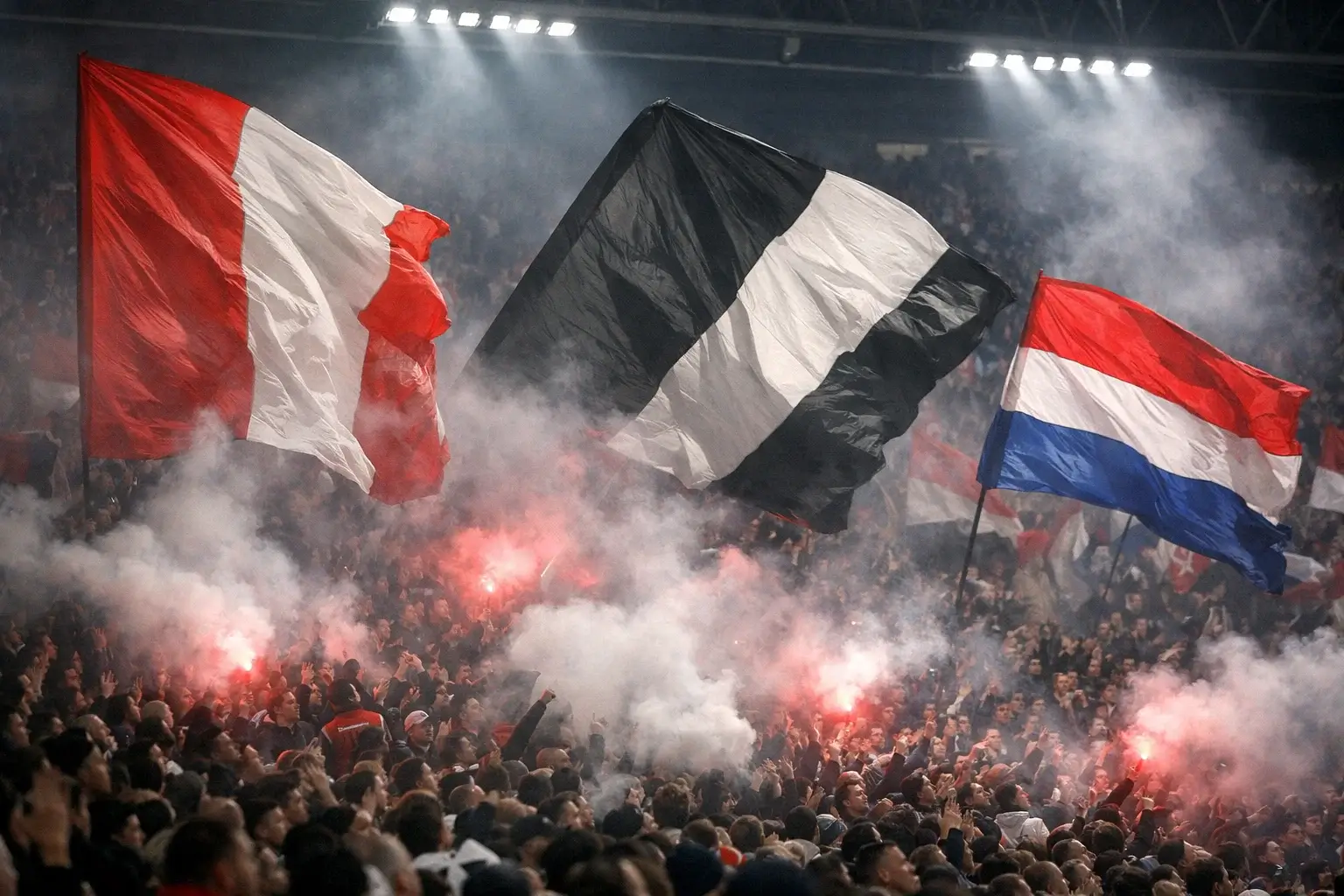 Fel supportersvak met vlaggen en sjaals tijdens topwedstrijd