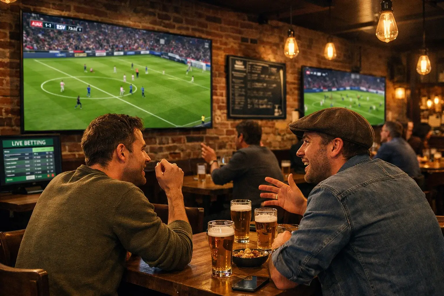 Voetbalfans kijken naar live wedstrijd op groot scherm in sportcafé