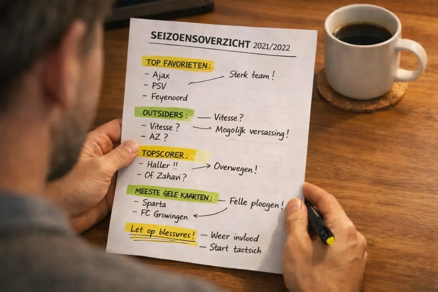 Persoon bestudeert seizoensoverzicht met aantekeningen