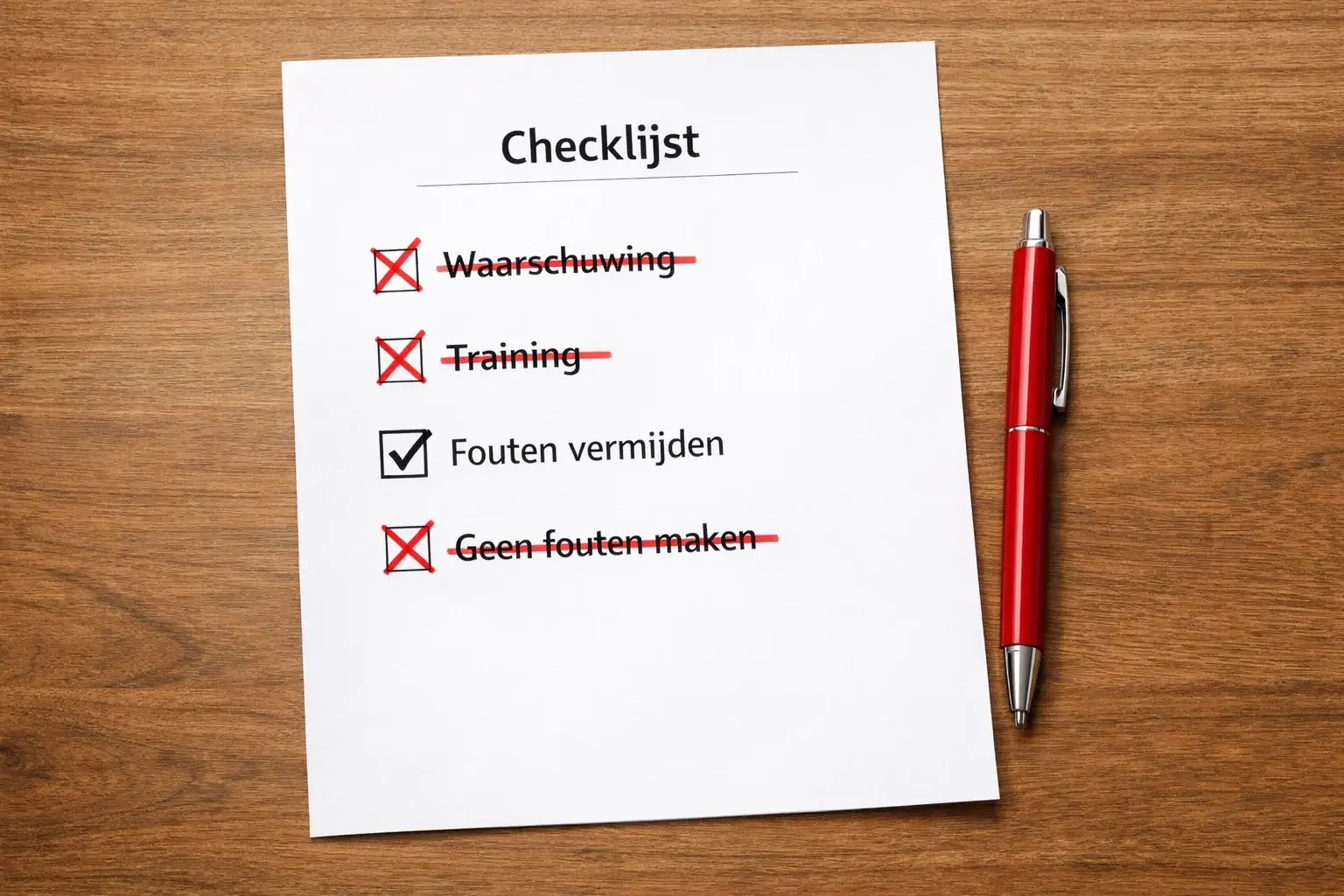 Waarschuwingssignaal met checklist van fouten om te vermijden