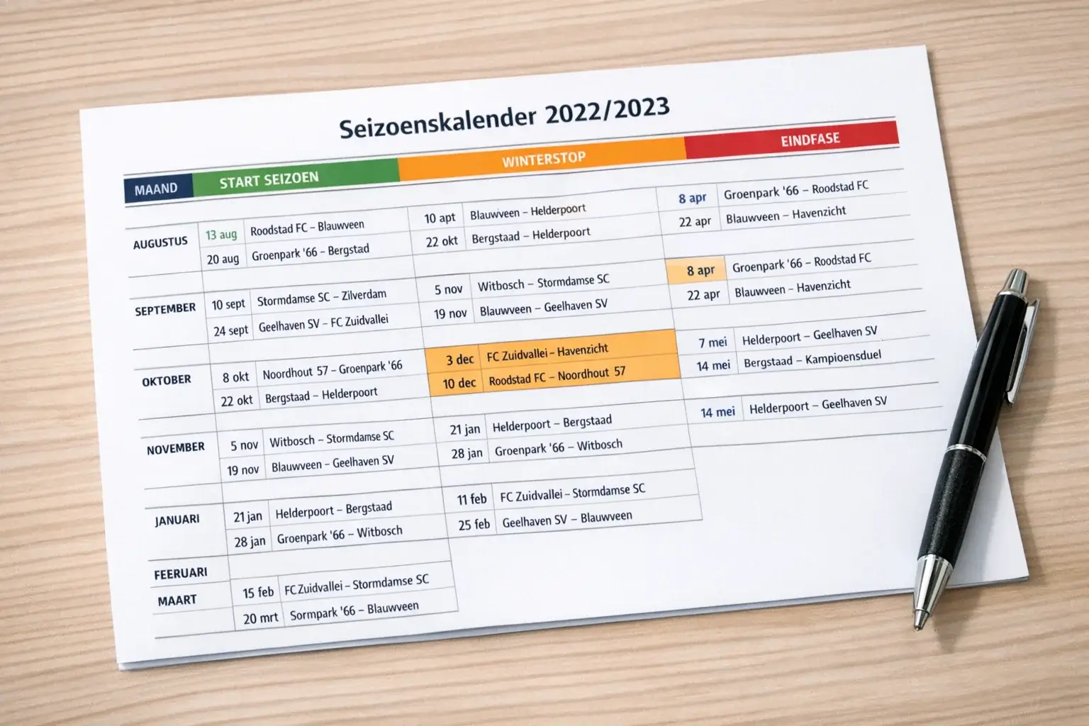 Gestructureerd schema met wedstrijddata en markeringen