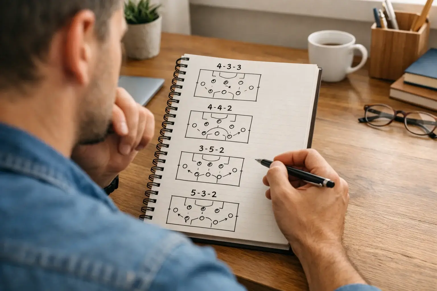 Persoon overweegt opties met notitieboek en voetbalschema