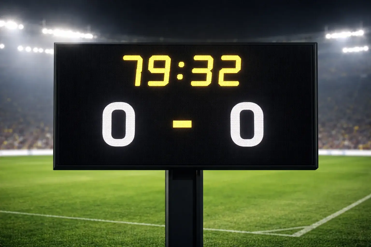 Stadionklok toont wedstrijdtijd met voetbalveld op achtergrond