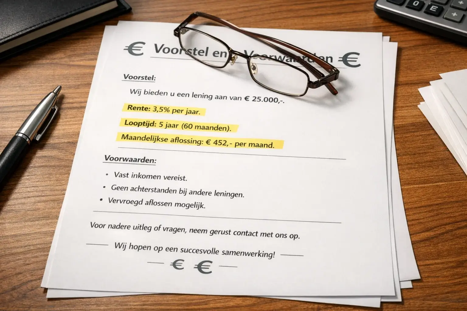 Documenten met bonusvoorwaarden en eurotekens op bureau